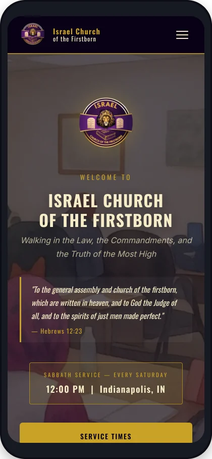 Israel Church of the Firstborn website on a phone — warm gold and deep purple design with a welcome headline and service times